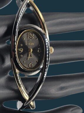 Ladies Vivani Watch Black Dial Two Tone Hinge Open Cuff Band Watch 6.5 Inch